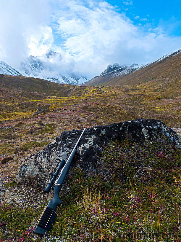 This boulder was a perfect shooting rest, and the gun is pointed toward the kill site 300 yards away, marked with a small orange circle. The rifle is a Tikka T3 Lite Stainless .300 WSM, with a Leupold VX-3 3.5-10x40 scope, shooting 165gr Barnes TTSX bullets.