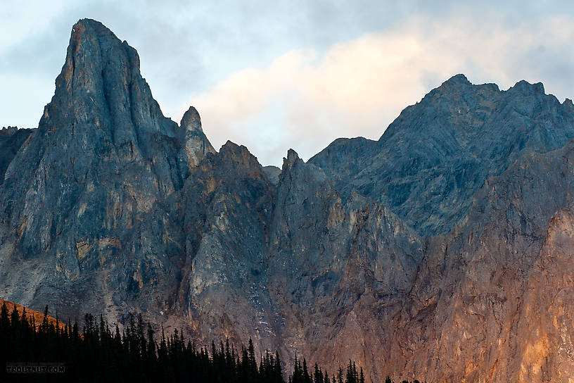 Snowden Mountain in the Brooks Range, viewed here from the north, is one of the most impressive peaks along the Dalton Highway.  It's coloration is striking in the evening light out of the west. From Dalton Highway in Alaska.