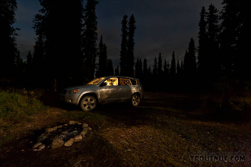 Home sweet home... the back of the car is half sleeping bag, half salmon on ice. From the Gulkana River in Alaska.