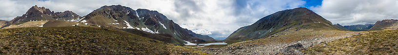 Pass at the top of Alpine Creek (panorama). This detailed 360 degree panorama is best viewed full-size. From Clearwater Mountains in Alaska.