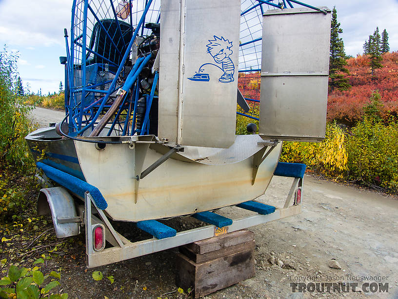 You might be an Alaskan redneck if... you abandon a tireless airboat trailer up on wood blocks by the side of the road, with a giant "Calvin peeing on a regular boat" logo. From Murphy Dome in Alaska.