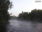 The 5 am mist rises off a classic hole on a favorite river. I'd just spent the last few hours of that moonless night working this hole with big pusher flies in the pitch black darkness, running on caffeine until about 4:15 and adrenaline from that point on, after feeling a whale of a brown trout on my line for about 15 seconds. Unfortunately the fish spit the hook, but it was an unforgettable experience. From the Namekagon River in Wisconsin.