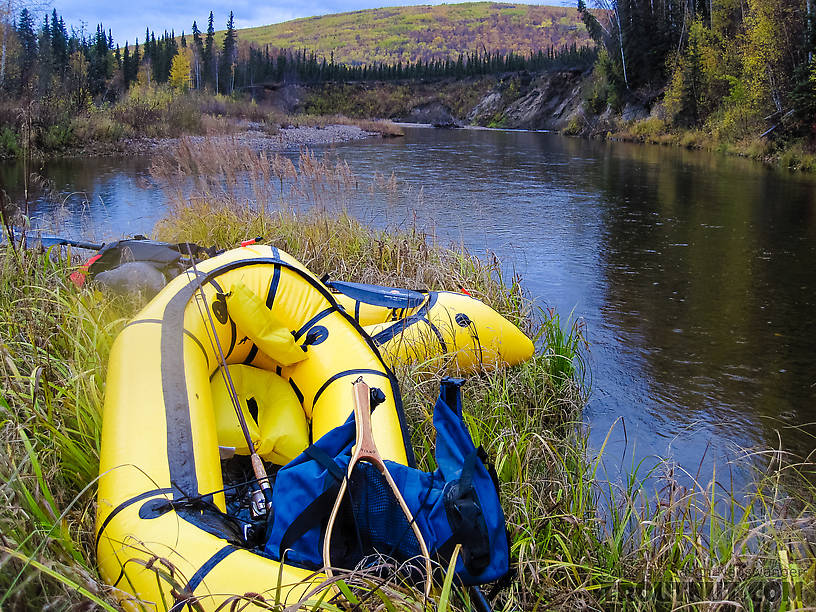 Packrafts stashed on shore. It's nice to be able to pull the boats all the way out of the water so easily (in this case, because an airboat was coming by). From the Chatanika River in Alaska.