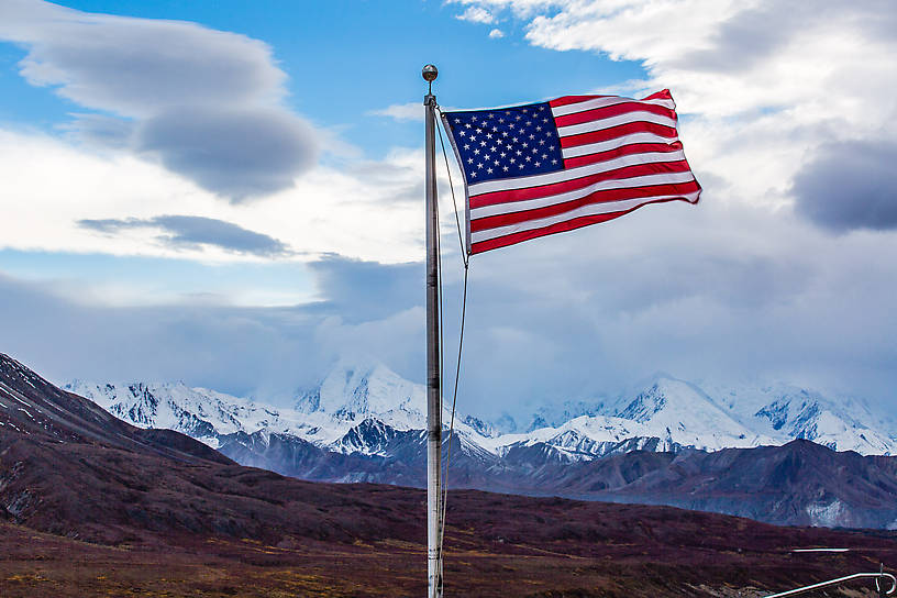 Flag at Eielson visitor center From Denali National Park in Alaska.