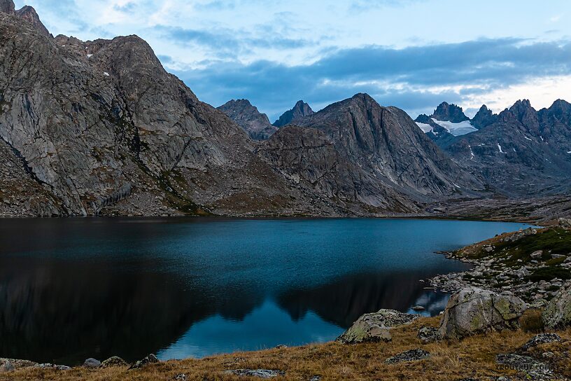 Dawn at Upper Titcomb Lake From Titcomb Basin in Wyoming.