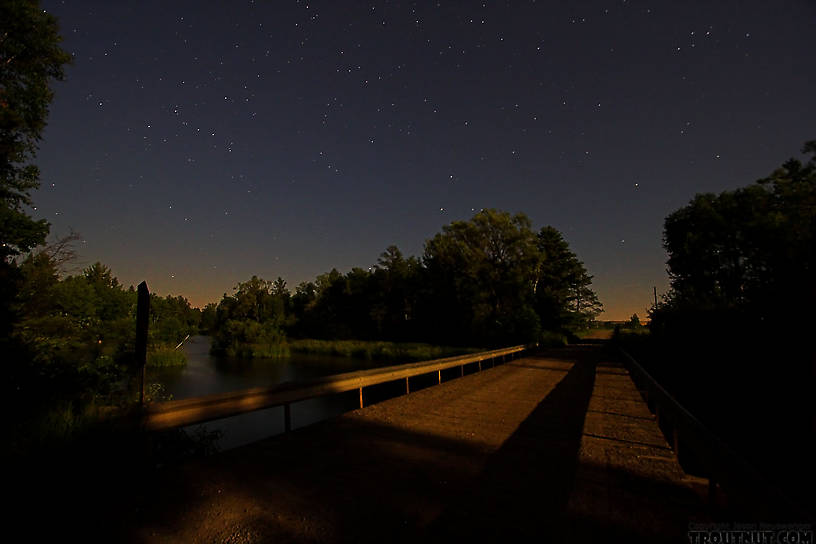 The moon lights a bridge under the stars near midnight over a nice trout river. From the Namekagon River in Wisconsin.