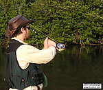 A 19-inch smallmouth puts a hefty bend in my 5-weight. From the Namekagon River below Hayward in Wisconsin.