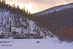 High hills in central Alaska overlook a mostly frozen river. From the Chena River in Alaska.