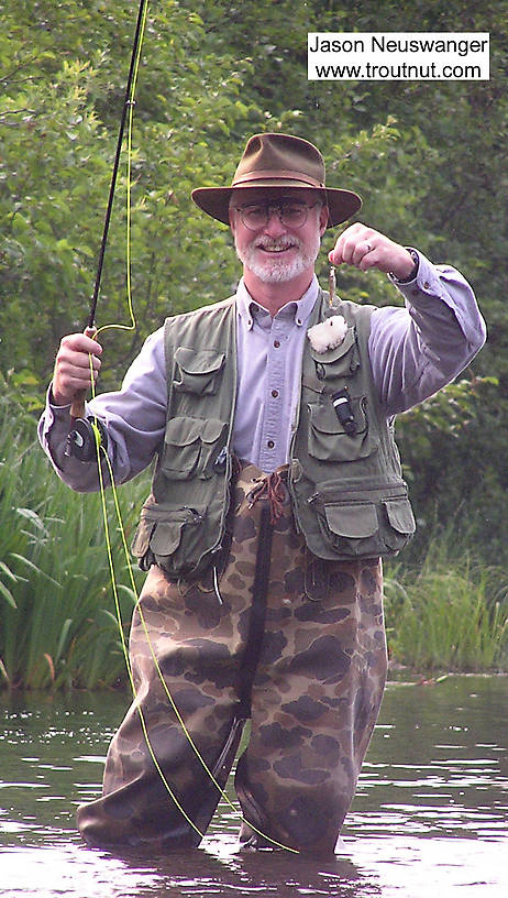 My dad finally broke his long, uncanny fishless streak with this nearly 2 inch long common shiner caught on a size 22 Serratella imitation during a Trico spinner fall. Heh heh. From the Namekagon River in Wisconsin.