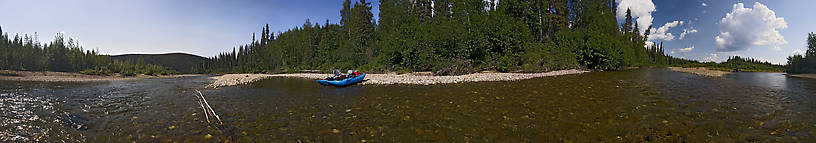 Here's a panorama of the junction of the North Fork of the Chena River and Middle Fork of the Chena River, where we my dad and I spent some time fishing for Arctic grayling on this float trip. From the Chena River in Alaska.