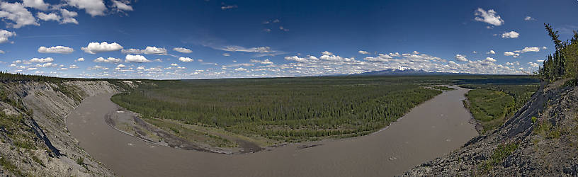 The Copper River is another of Alaska's major glacial drainages, hosting huge salmon runs which spread out more thinly into its clearwater tributaries to spawn.  

This panorama is best viewed full-size. From the Copper River in Alaska.