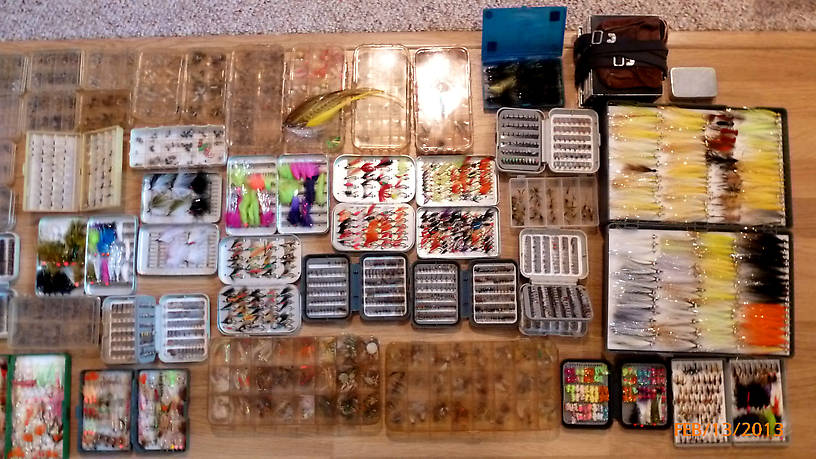 The huge box on the far left is a boat box and is unique in that it can be closed and inverted and there is another two page box identical to this side - equally full of Clousers. The two silver Wheatley's are steelhead flies in the box in the middle of the frame and Atlantic salmon flies in the box to the left.  The box to the immediate right of the center Wheatley are also all hairwing steelhead flies but smaller #6 - #10.  In the two large clear boxes in the foreground are back-up stock of bonefish and crab flies and the box to the right are all Atlantic salmon dry flies.

There are a minimum of 7000 flies in the boxes, probably more than 8000 - but who's counting? HeHe!