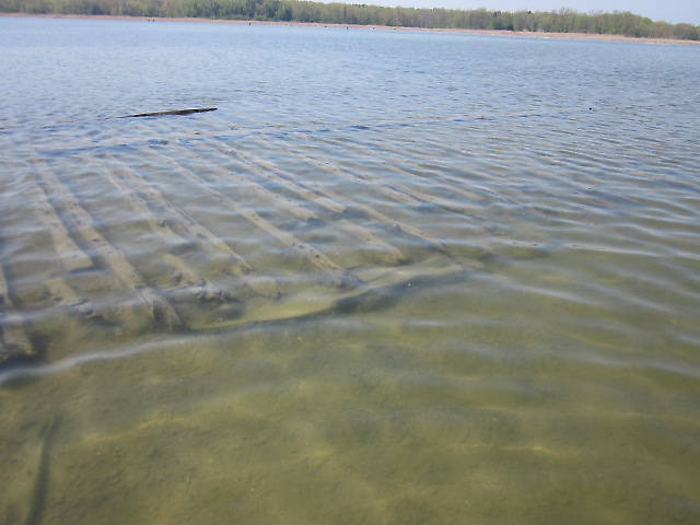 The remains of a boat or barge sunk in the Bay.