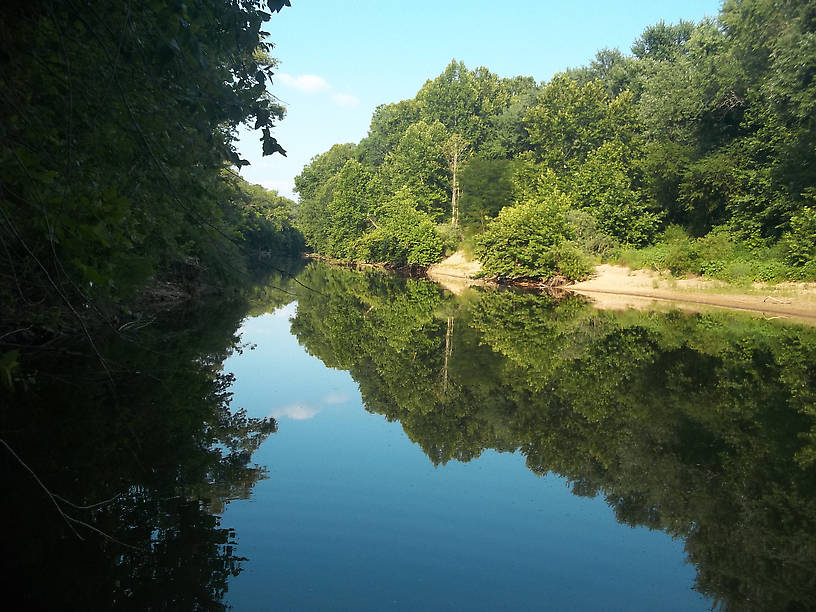 The thick forests of the Ozark foothills line the river on both sides, creating a beautiful setting. 