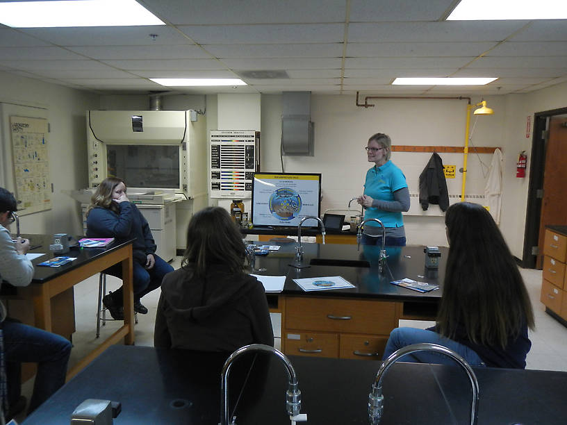 Dr. Andrea Miehls discussing the life cycle of sea lamprey in the Great Lakes