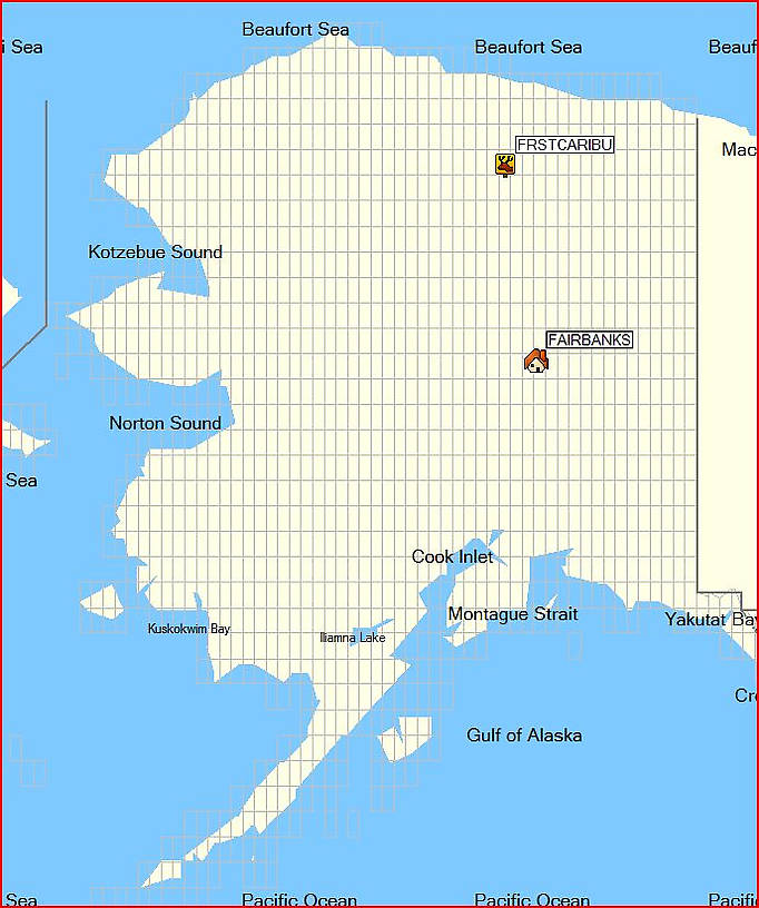 Here's a screenshot from my GPS software, showing right where the first caribou fell at the "FRSTCARIBU" waypoint.  (Garmin doesn't let you use enough letters to spell out a longer name.)