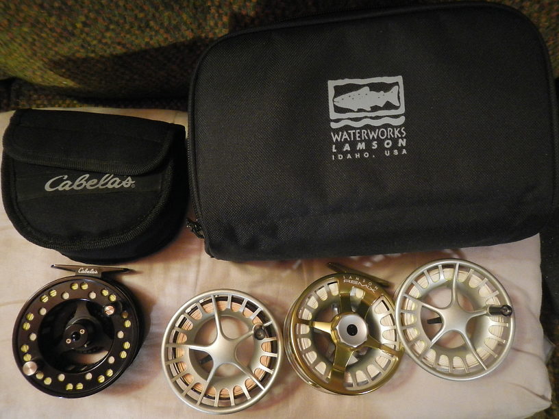 ...the saltwater fly reels are at the ready, and if you count spools they outnumber the spinning reels! Yup, the Lamson 3-pack is new, and loaded with three 7-weight lines I have had for ? long: WF Fl, DT Fl, WF ST