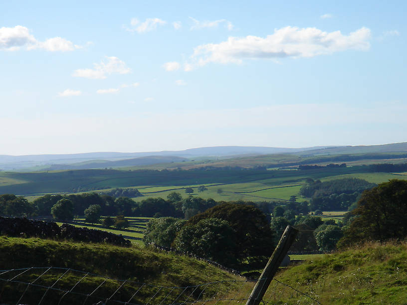 Yorkshire Dales scenery...there are no trees on the hill tops because Neolithic man cut them all down, and the resulting exposed slopes and thin soil mean that trees can't grow up there now.  Those areas are called moors, and they're mostly covered in bracken and heather.