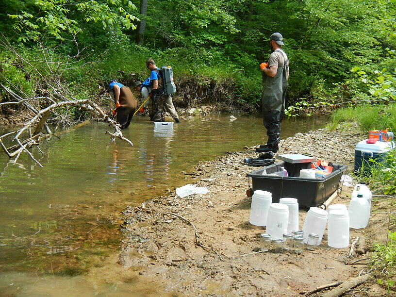 Benthos collecting jars set up while the fish shocking crew zaps up some more