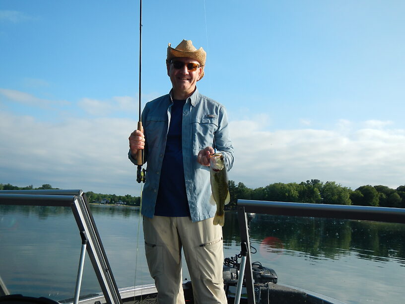 Last evening on Cowden lake and Joe pops up a nice largemouth on that blue thing again