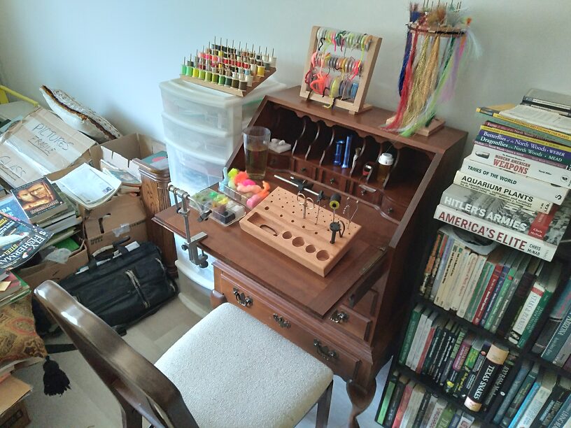 The rest of the apartment is a mess...but the fly-tying station is set up!