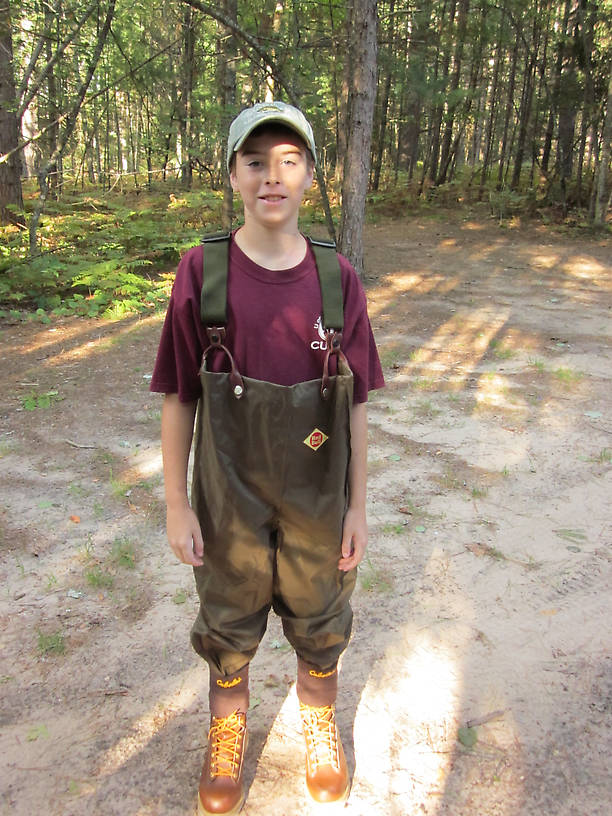 Modelling his waders...I got these for his uncle when he was his age in the mid-90's...They look like new and he was very pleased that they fit.