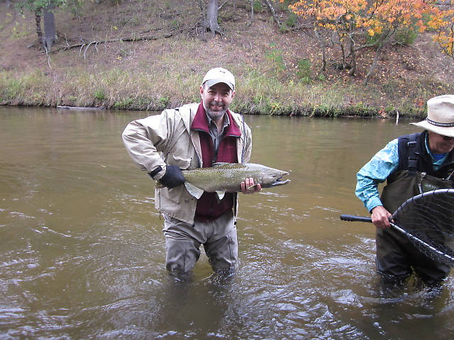 I took this fish below a beautiful spawning female. He was one of 6-10 other boys vying to pass on their DNA. This fish was "fair" hooked. I then went back to the same group and floated my flies through again and unfortunately the hen took it and I fought her for some time, all up and down the river before she snapped off right at the net...I would of loved a photo of her...She was huge! The loss of the fish was my rookie mistake...I tried to help out as Doug was landing her by holding the reel for a mere second as she decided to give it one more go at freedom...She won! I later watched as she moved back over her redd but left her in peace...If you can call it that with all those males hassling her.